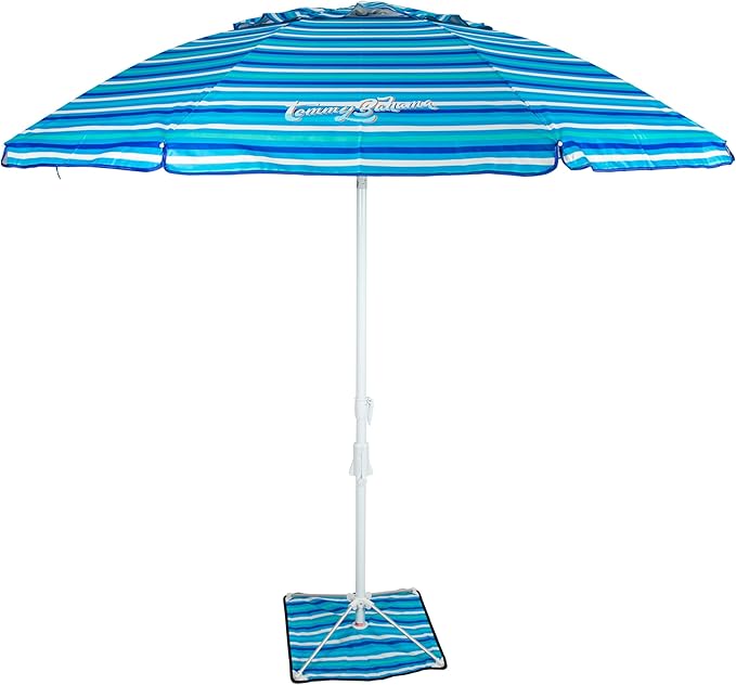 A blue, white and aqua striped beach umbrella.