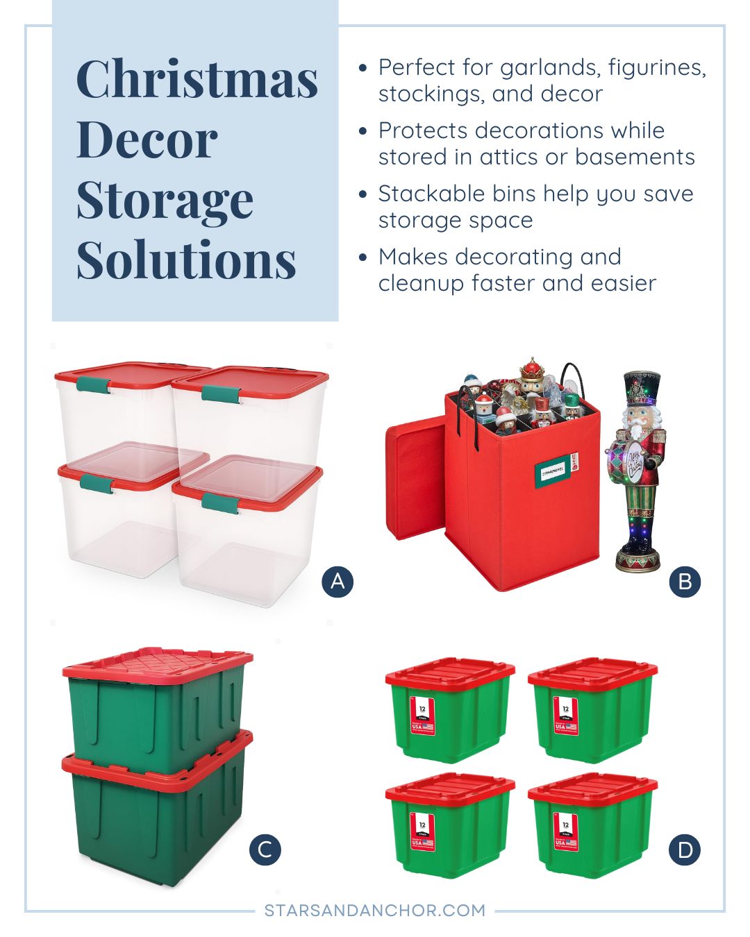 A graphic that says Christmas Decor Storage Solutions showing four storage products.