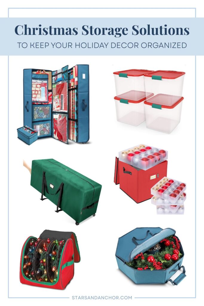 A graphic that says Christmas Storage Solutions to keep your holiday decor organized, showing six storage products.