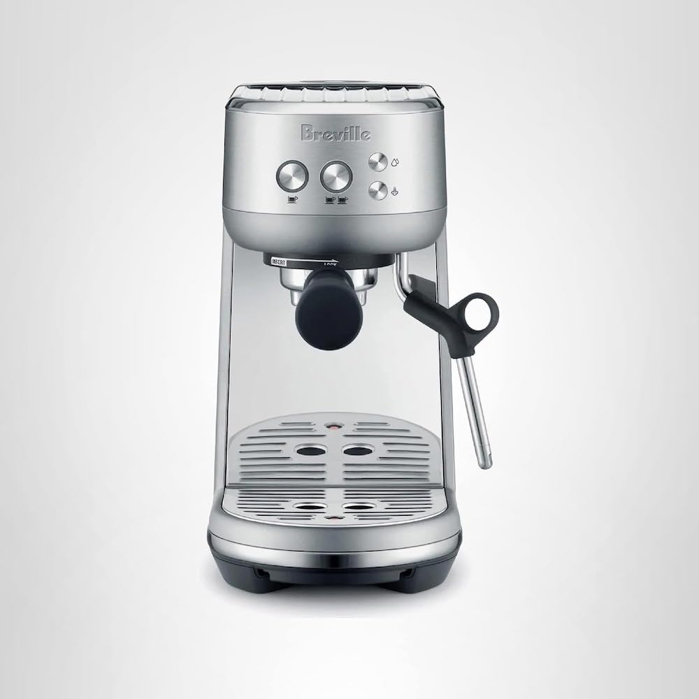A stainless steel espresso machine.