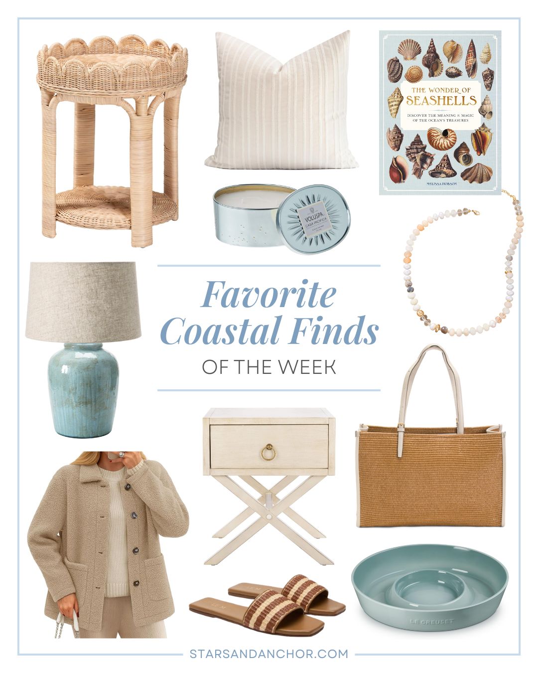 A collage named "favorite coastal finds of the week" featuring a round scalloped rattan end table, a beige and white striped throw pillow, an ocean-scented candle, a book The Wonder of Seashells, a beaded necklace with white and various shades of tan beads, a table lamp in a blotchy aqua color, a khaki colored women's sherpa jacket, an off-white nighstand with one drawer, a pair of striped woven slides in shades of brown, a raffia tote bag, and an aqua chip and dip platter.