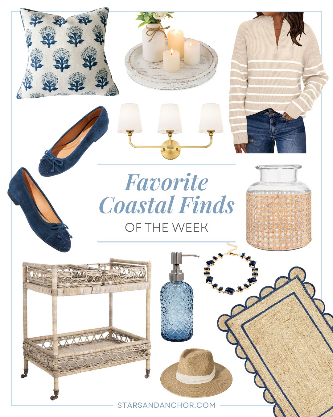 A collage named "favorite coastal finds of the week" featuring a blue and white floral pillow cover, a white wood decorative candle plate, a gold wall sconce with three lights, a beige and white striped quarter zip sweater, navy suede ballet flats with rhinestones, a rattan bar cart, a blue and silver glass soap dispenser, a khaki wide brim straw hat with a beige ribbon, a sapphire and gold bracelet, a glass vase wrapped in cane, and a scalloped jute rug edged in navy.