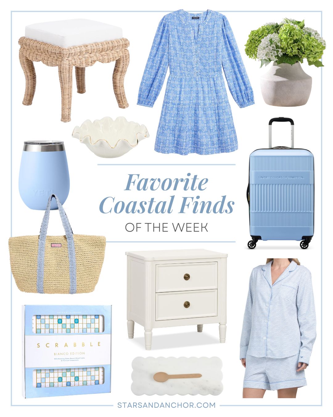 A collage named "favorite coastal finds of the week" featuring a rattan wicker stool, a ruffled ceramic decorative bowl, a blue and white mini dress, a rustic ceramic vase, a blue wine tumbler, a straw tote with blue handles, a blue and white edition of Scrabble, a white wood nightstand, a scalloped marble tray or cheese board, a blue carry on spinner suitcase, and a blue and white pajama set with a wave pattern.