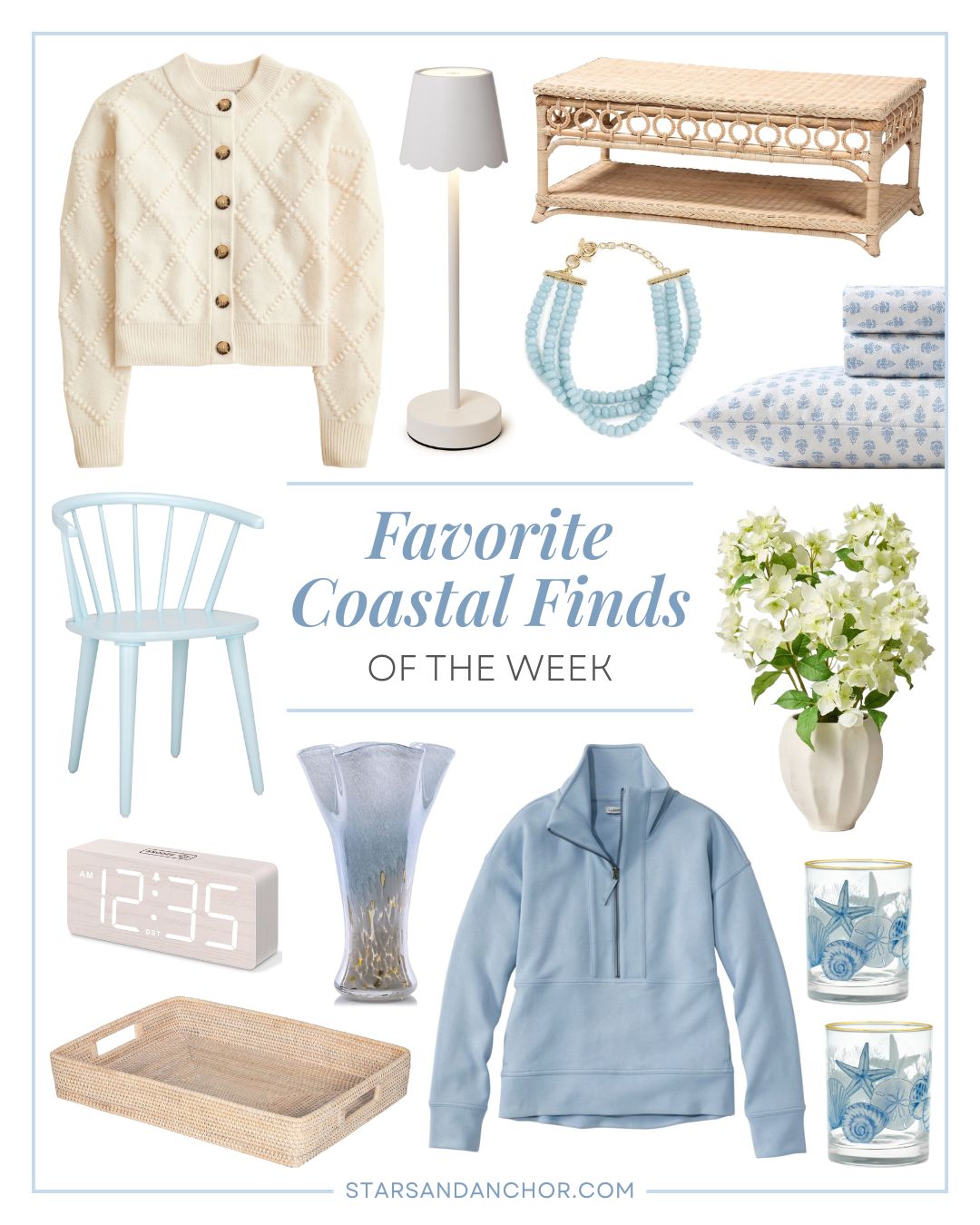 A collage named "favorite coastal finds of the week" featuring an ivory button down cardigan, a scalloped cordless lamp, a rattan coffee table, a light blue beaded choker necklace, a blue and white floral patterned sheet set, a light blue wood dining chair, a light wood and white alarm clock, an off-white rattan serving tray, a blue and white hand blown glass vase, a light blue half-zip pullover, a faux hydrangea arrangement in a ceramic vase, and a set of two gold-rimmed double old fashioned glasses with blue seashells, sand dollars and starfish.