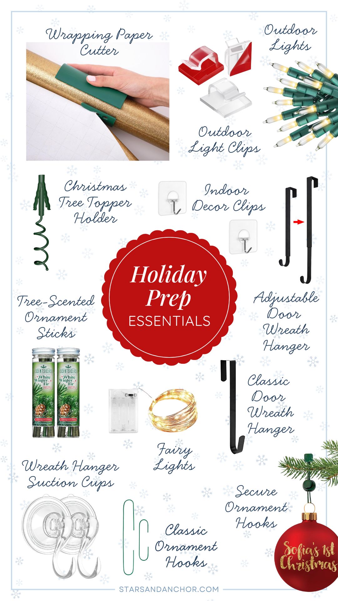 A collage roundup called Holiday Prep Essentials, containing these items: a wrapping paper cutter, outdoor light clips, outdoor lights, a Christmas tree topper holder, indoor decor clips, tree-scented ornament sticks, fairy lights, a classic door wreath hanger, an adjustable door wreath hanger, wreath hanger suction cups, classic ornament hooks, and secure ornament hooks.