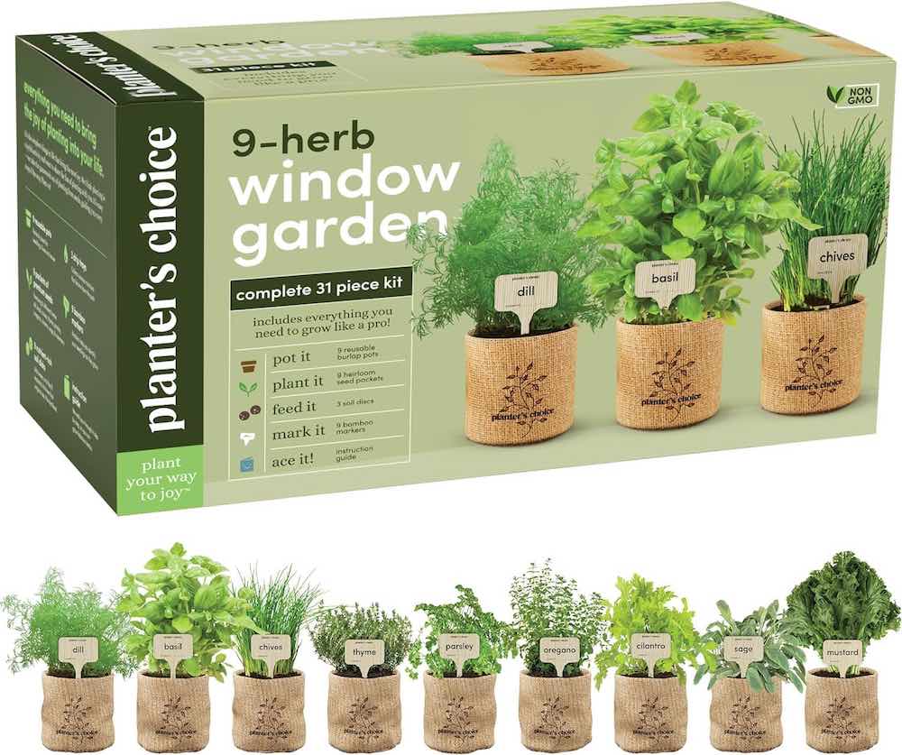 A box for a 9-herb window garden kit and 9 planted herbs beneath it.