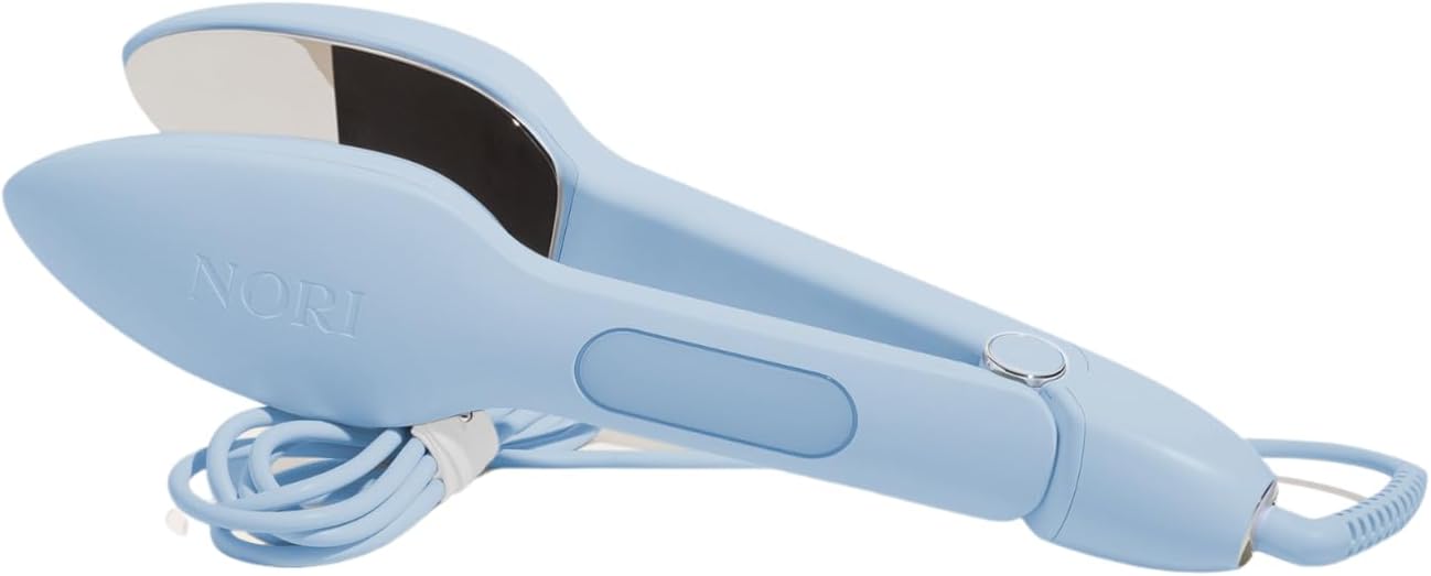 A light blue handheld iron and steamer.
