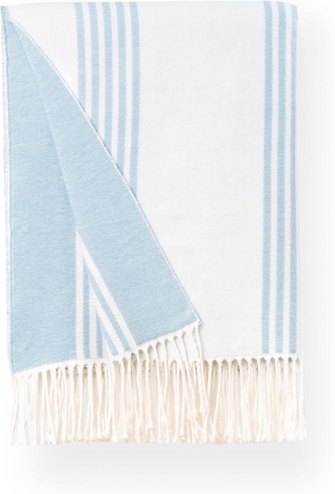 A light blue and white striped throw blanket with fringe.