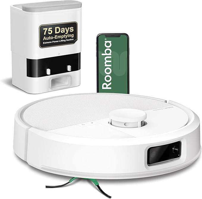 A white robot vacuum, its self-emptying base, and a phone.