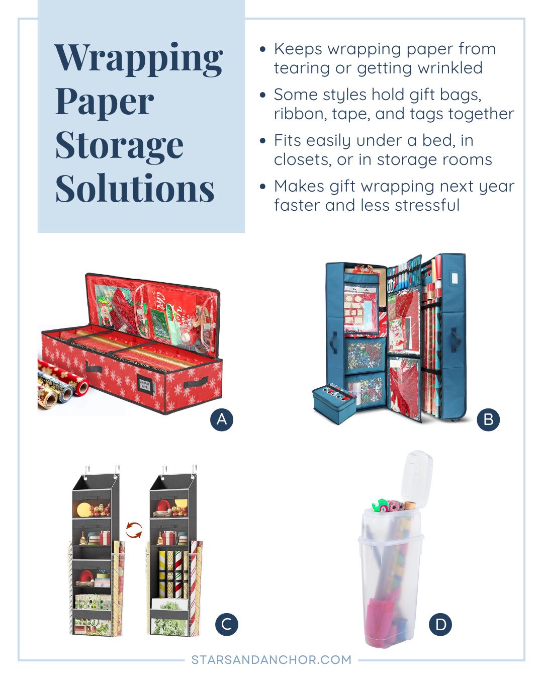 A graphic that says Wrapping Paper Storage Solutions showing four wrapping paper storage products.