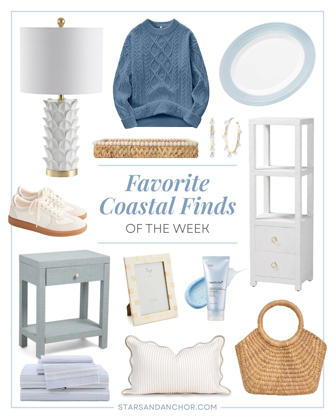 A collage named "favorite coastal finds of the week" featuring a white and gold table lamp, a gray-blue sweater, a beaded water hyacinth tray, a pair of beaded hoop earrings, a light blue and white oval platter, a white grasscloth storage shelf, ivory sneakers, a light blue linen side table, a set of blue and white patterned sheets, a gold and cream picture frame, a white and tan striped throw pillow cover, specialized face wash, and a straw bag.