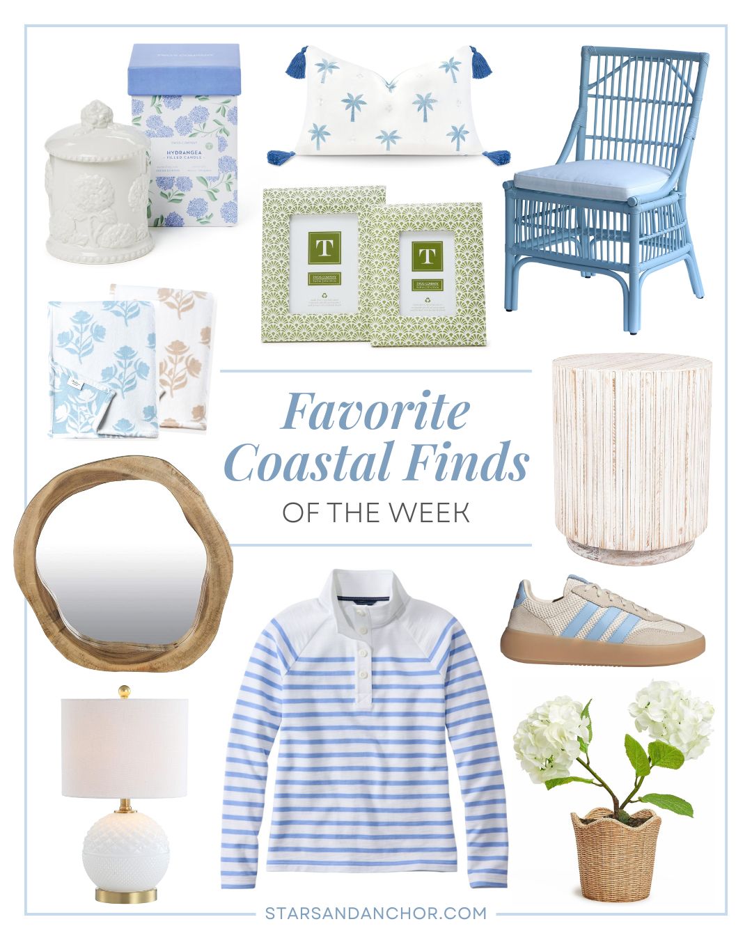 A collage named "favorite coastal finds of the week" featuring a hydrangea candle in a jar, blue and white and tan and white floral throw blankets, a palm tree throw pillow, green and white patterned picture frames, a blue rattan chair, an organic-shaped round wood mirror, a white rustic wood side table, a white and brass table lamp, a white and blue striped pullover sweatshirt, beige with light blue stripes sneakers, and a resin woven plant pot.