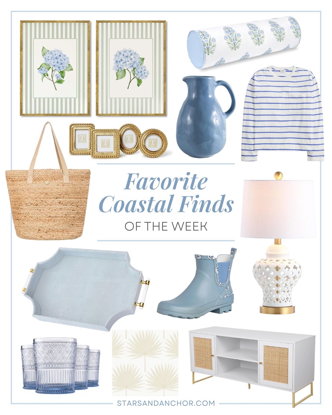 A collage named "favorite coastal finds of the week" featuring a set of two framed hydrangea wall art, a set of four gold picture frames, a blue pitcher vase, a blue white and green floral pillow cover, a blue and white striped long-sleeve shirt, a straw tote bag, a light blue decorative tray, a set of blue patterned drinking glasses, beige and white palm wallpaper, blue floral rain boots, a white and gold table lamp, and a white, gold and rattan TV console.