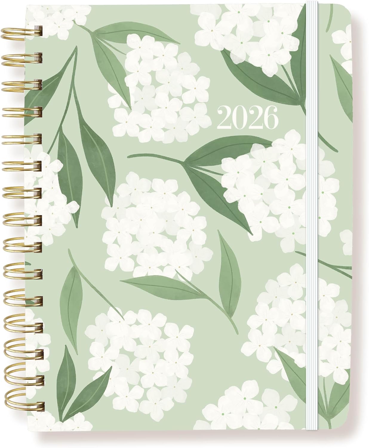 A light green planner with white hydrangeas and 2026 on the cover.