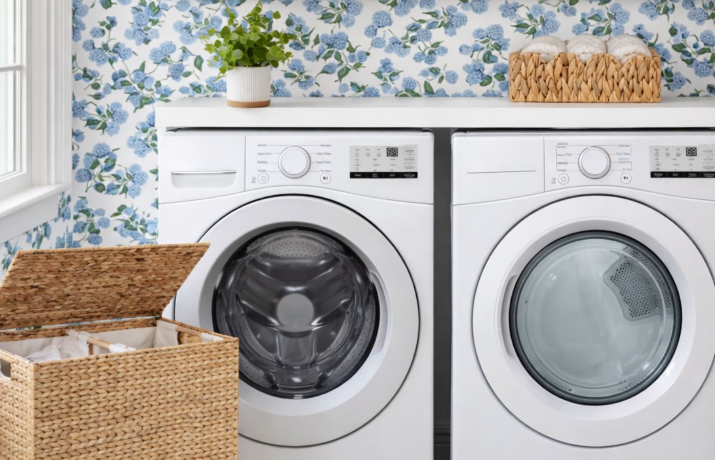 A laundry room mockup with hydrangea wallpaper, a shelf with a plant and a scalloped basket, and a woven hamper.