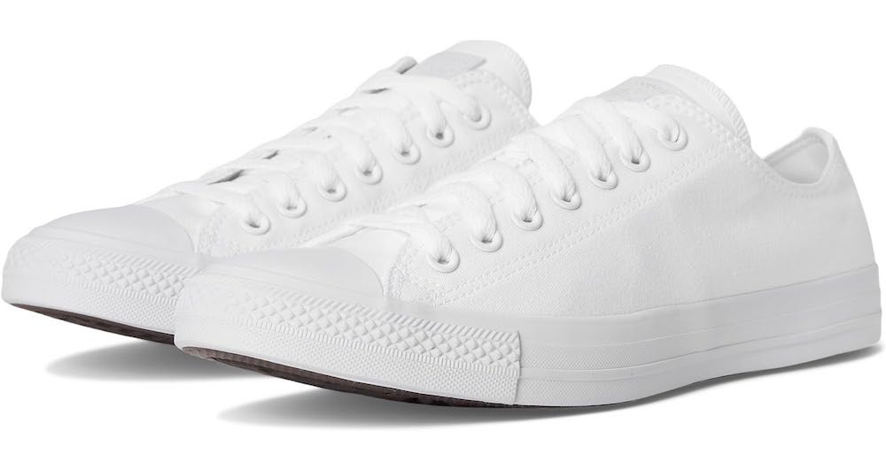 White Converse Chuck Taylor canvas sneakers.
