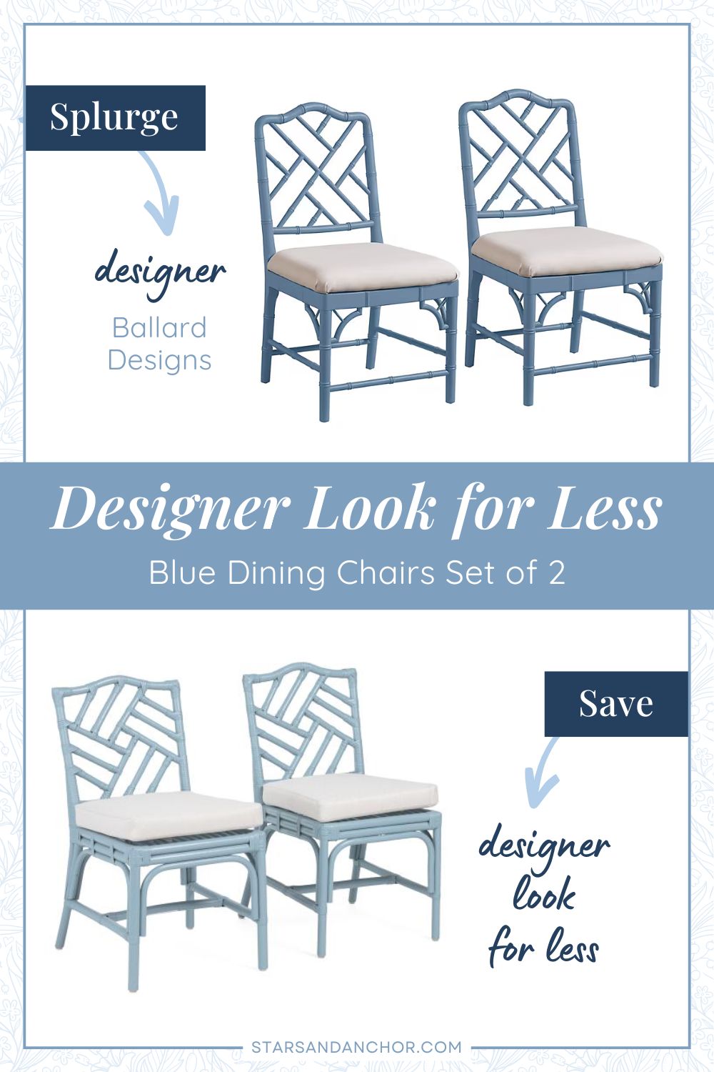 This is a graphic called, "Designer Look for Less: Blue Dining Chairs." It shows two sets of two dining chairs in a Chippendale or bamboo style that look similar. The first item is labeled, Splurge: designer, Ballard Designs. The second item is labeled, Save: designer look for less.