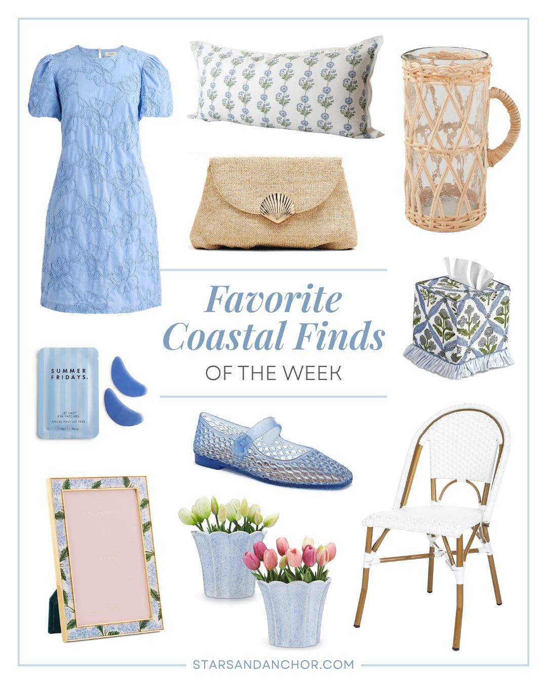 A collage named "favorite coastal finds of the week" featuring an embroidered dress, a floral throw pillow, a shell clutch, a rattan-covered glass pitcher, under eye patches, a floral tissue box cover, a hydrangea picture frame, blue jelly shoes, scalloped flower pots, and an indoor/outdoor chair.