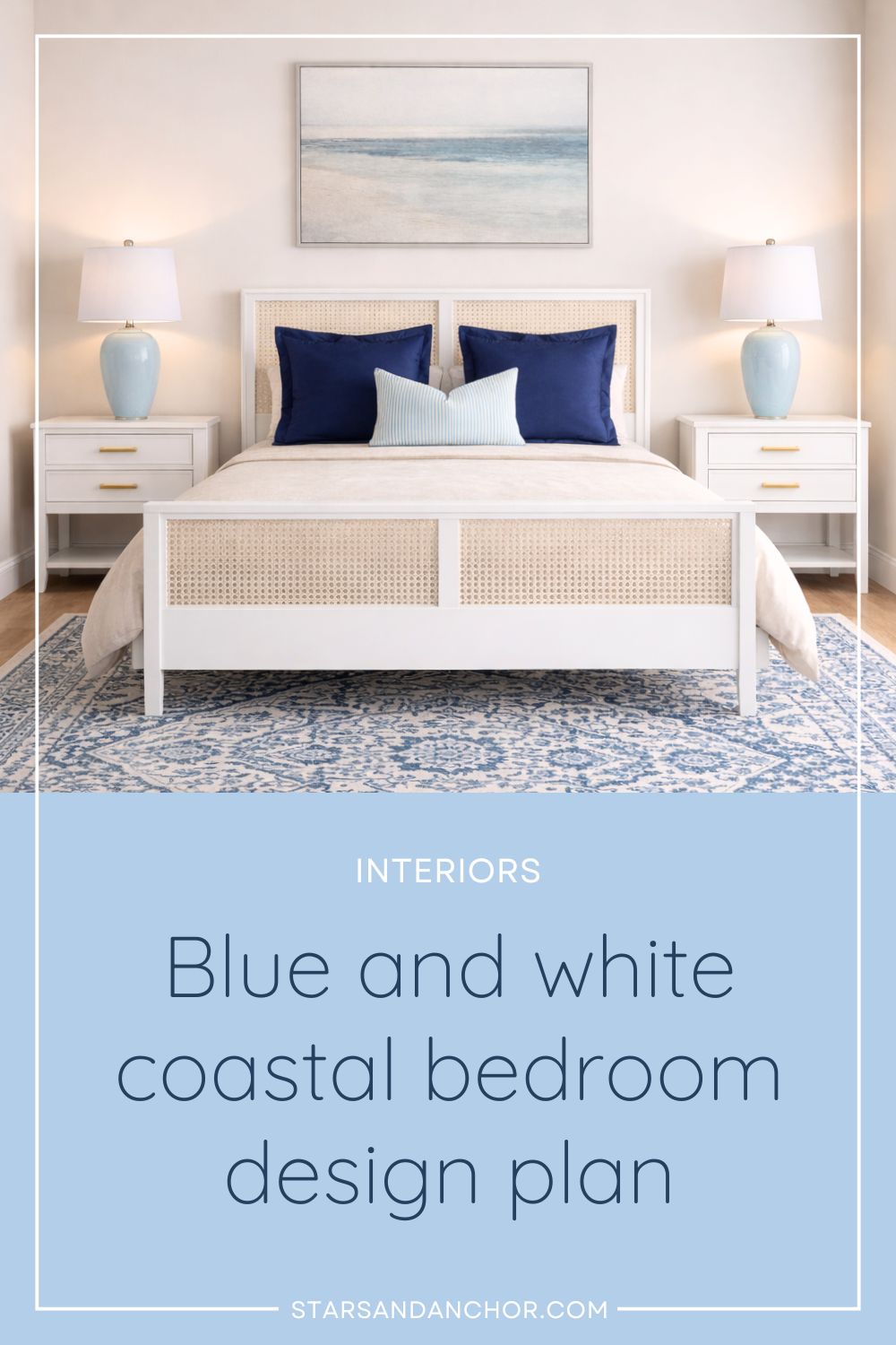 A guest bedroom mockup showing a white and cane bed with navy pillows, white nightstands with gold hardware, light blue table lamps, a blue and white patterned rug, and a beach painting. Text on the image says, Interiors: Blue and white coastal bedroom design plan.