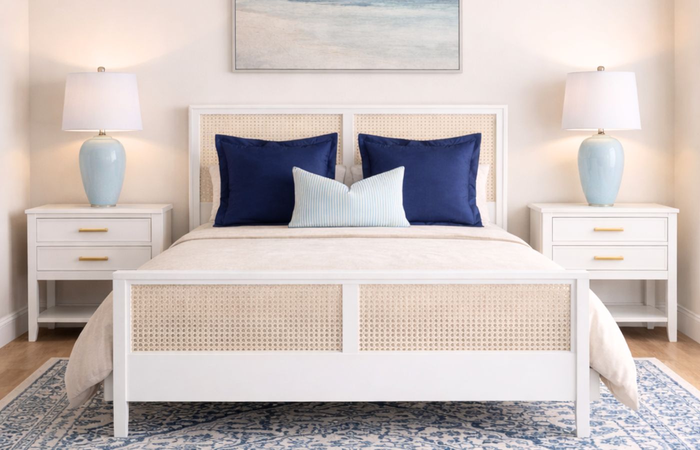 A guest bedroom mockup showing a white and cane bed with navy pillows, white nightstands with gold hardware, light blue table lamps, a blue and white patterned rug, and a beach painting.