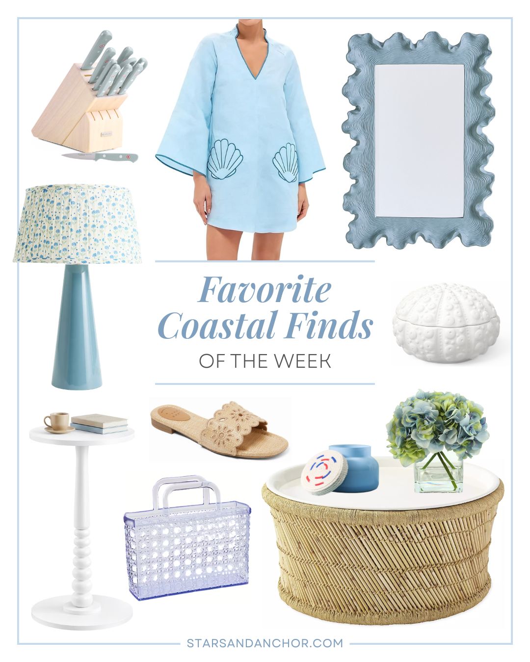 A collage named "favorite coastal finds of the week" featuring a light blue knife block set, a swim coverup with scallop shells, a gray-blue ruffled wall mirror, a blue lamp with blue and green floral lampshade, a sea urchin box, a white spindle side table, floral cutout slide sandals, a jelly cane-style mini tote bag, a candle with a nautical rope lid, a hydrangea floral arrangement in a glass vase, and a bamboo and jute coffee table with a white enamel top.