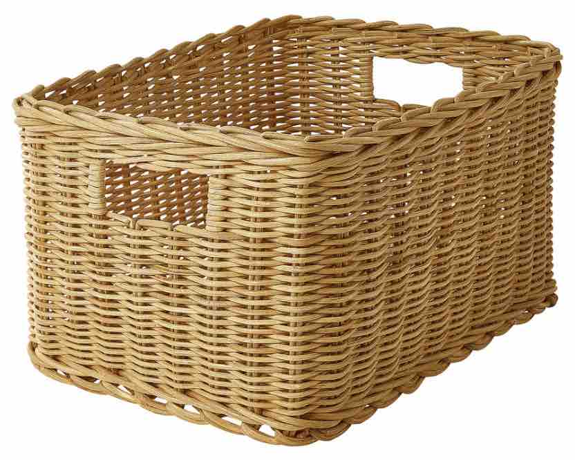 A rattan storage basket.