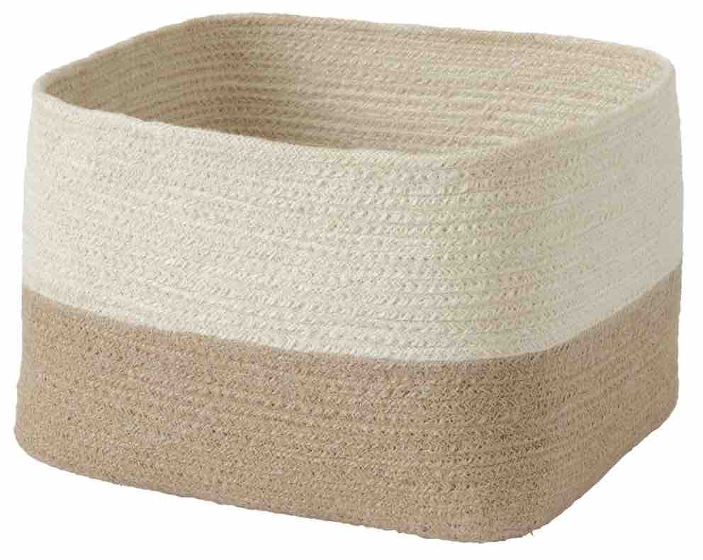 A two-colored jute storage basket.