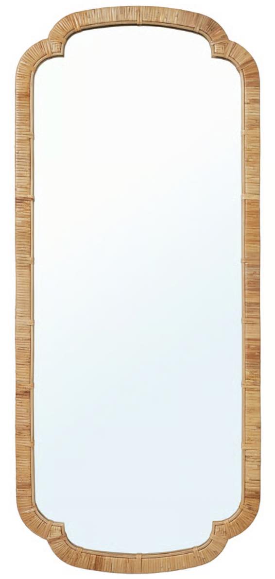 A rounded rectangular wall mirror with a rattan border.