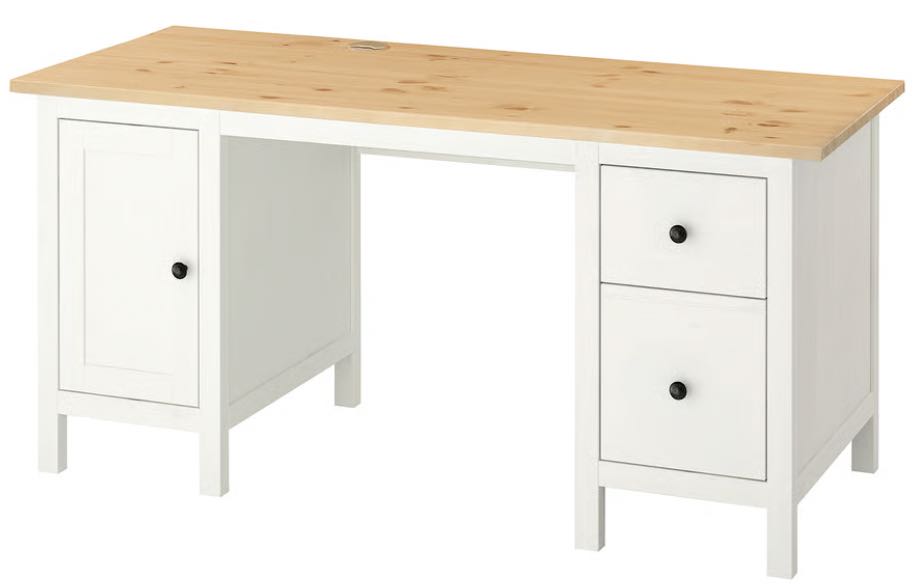 A white desk with a light brown top, a cabinet and two drawers.