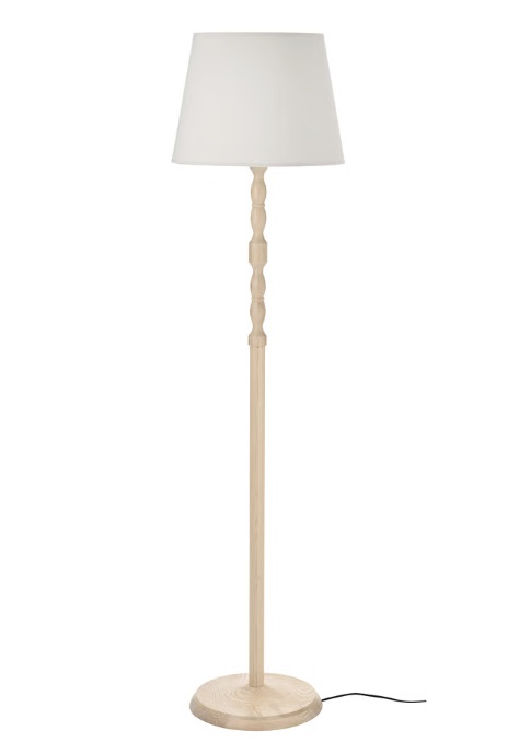 A wood floor lamp with a white shade.