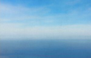 An abstract artwork in shades of blue and white.