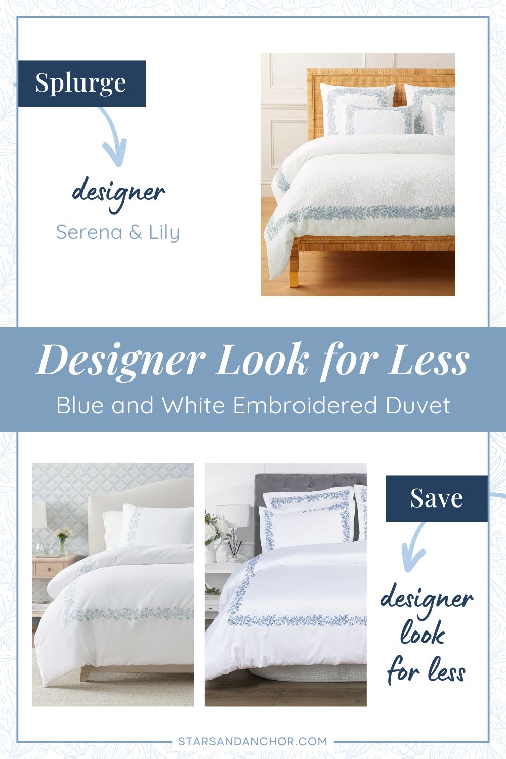 This is a graphic called, "Designer Look for Less: Blue and White Embroidered Duvet." It shows three white duvets with a blue embroidered border that look similar. The first item is labeled, Splurge: designer, Serena & Lily. The second item is labeled, Save: designer look for less.
