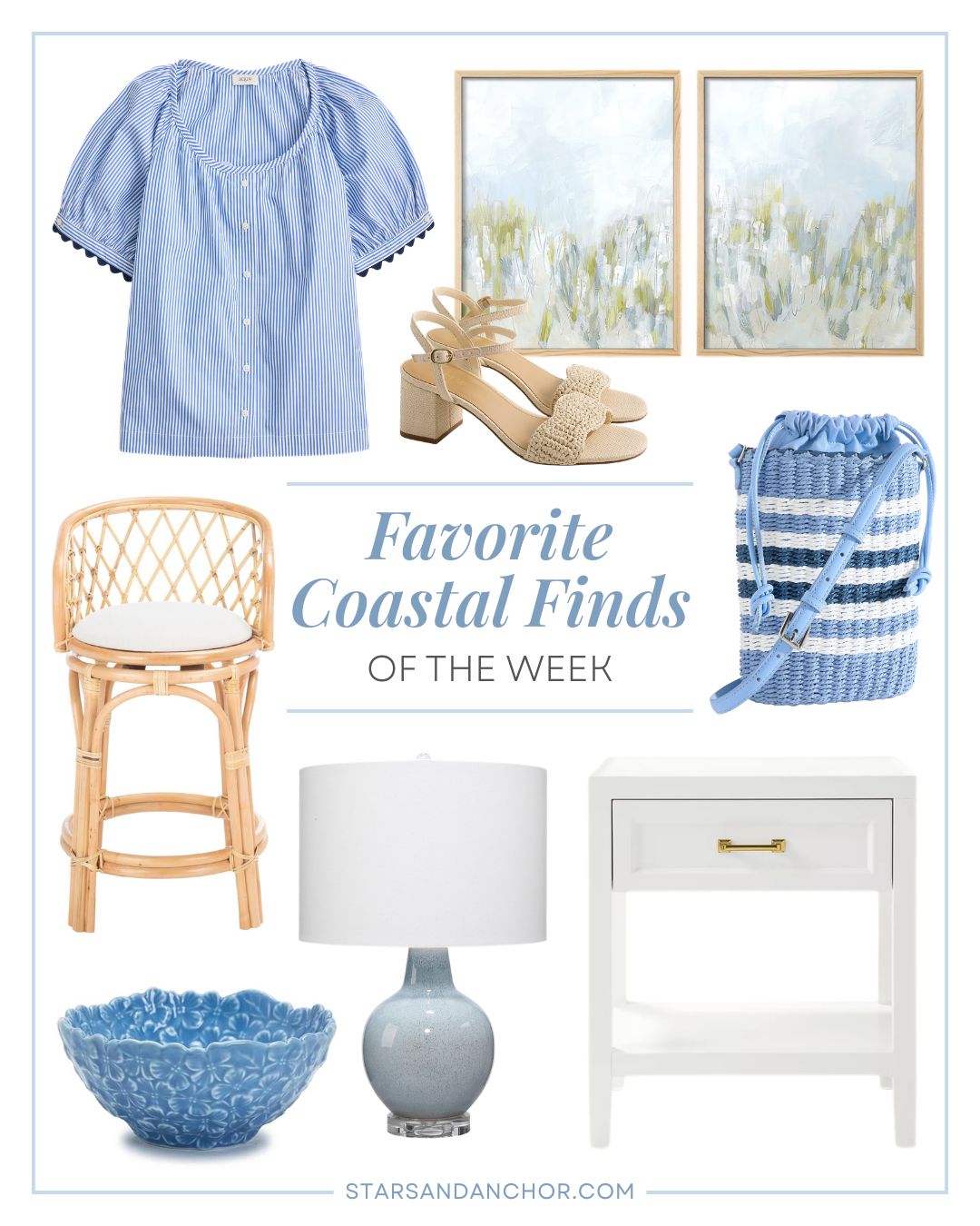 A collage named "favorite coastal finds of the week" featuring a blue and white short-sleeve button-up shirt with navy scalloped detail, a pair of raffia heeled sandals, a framed sea grasses wall art set, a blue and white straw bucket bag, a rattan counter stool, a set of hydrangea bowls, a blue ceramic table lamp with a white shade, and a one-drawer nightstand with a brass drawer pull.