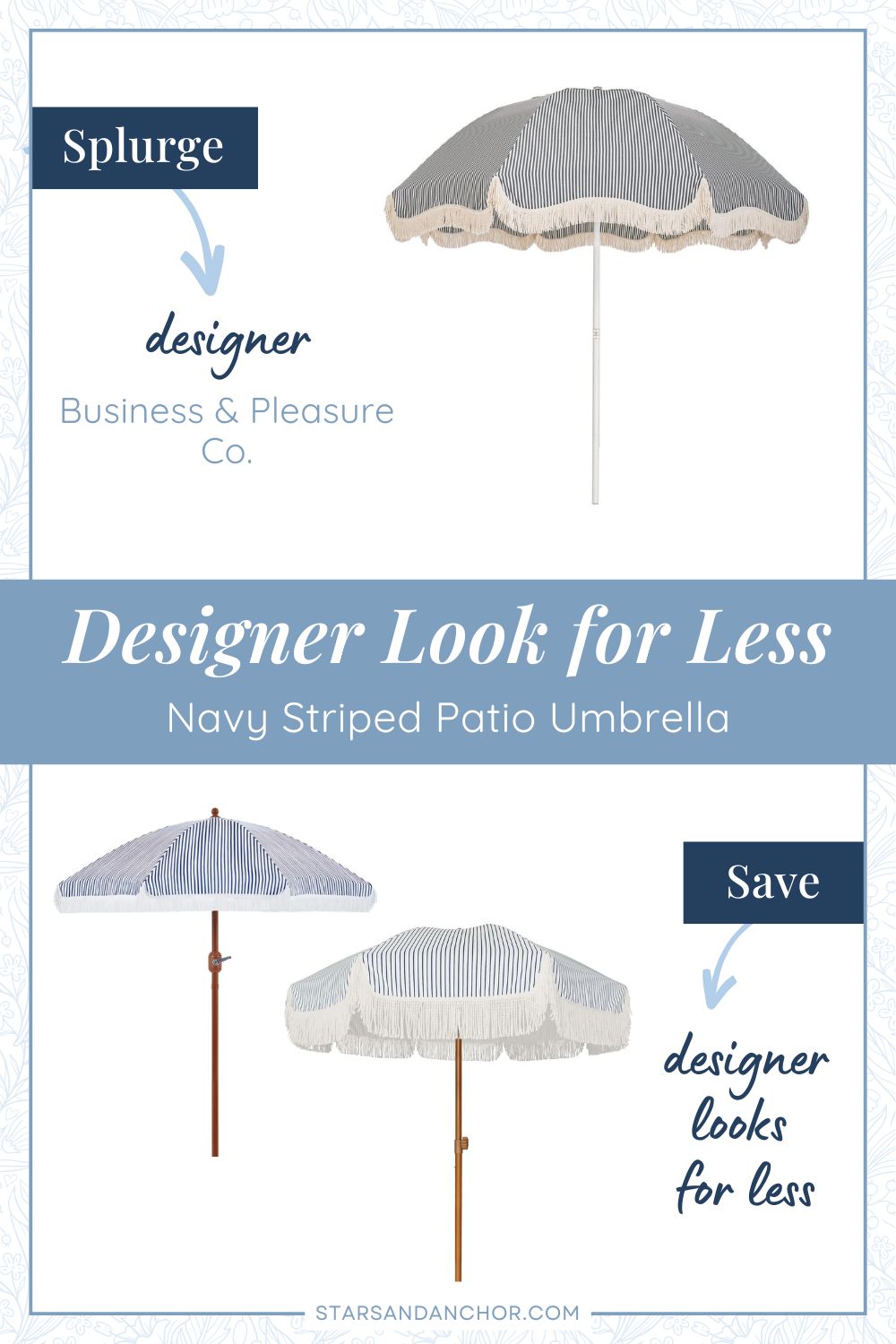 This is a graphic called, "Designer Look for Less: Navy Striped Patio Umbrella." It shows three navy and white/cream patio umbrellas that look similar. The first item is labeled, Splurge: designer, Business & Pleasure Co. The second item is labeled, Save: designer looks for less.