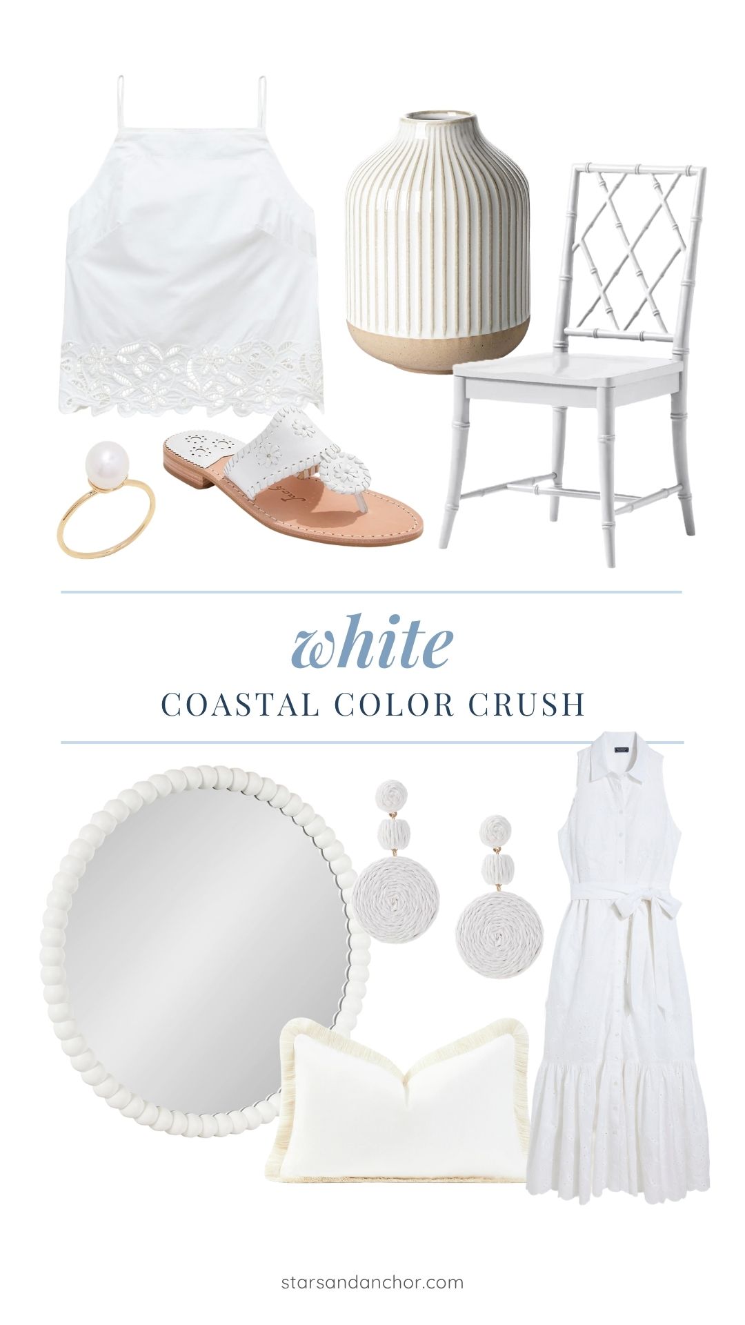 A collage named, "White Coastal Color Crush" with items in the color white, including an eyelet top, a pearl ring, sandals, a vase, a dining chair, a round mirror, earrings, a throw pillow, and a shirt dress.