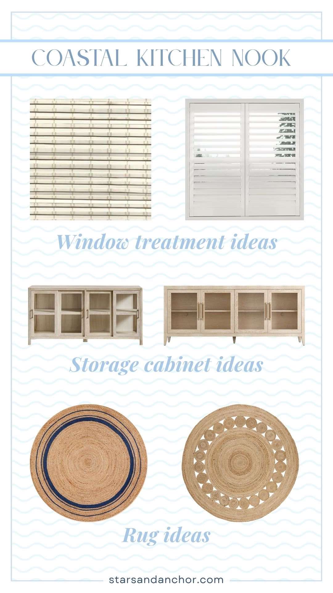 A graphic titled Coastal Kitchen Nook featuring window treatment ideas: a bamboo shade and plantation shutters; two storage cabinet ideas with light wood and glass doors, and two natural fiber round rug ideas: one with a navy border and one with cutouts.