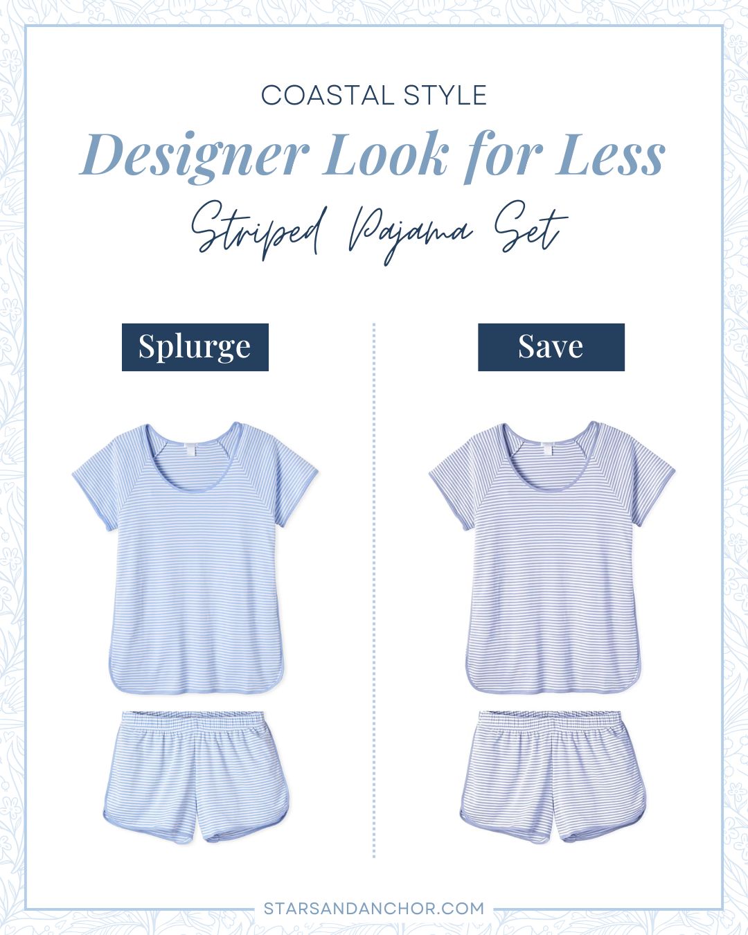 This is a graphic called, "Coastal Style Designer Look for Less: Striped Pajama Set." It shows two blue and white striped pajama sets, consisting of a short-sleeve shirt and shorts, that look similar. The first item is labeled Splurge. The second item is labeled Save.