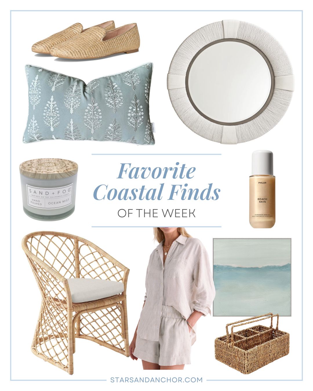 A collage named "favorite coastal finds of the week" featuring raffia flats, an embroidered throw pillow, a round white rattan mirror, an ocean mist candle, beach skin shimmering body oil, a rattan dining chair, a tan linen striped shirt and shorts set, abstract framed wall art, and a seagrass utensil caddy.