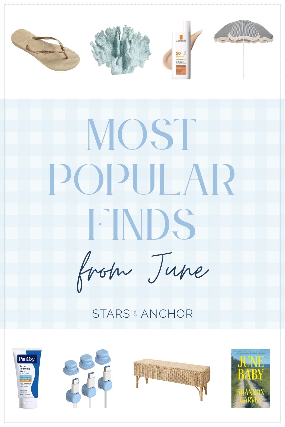 A collage named "Most Popular Finds from June" featuring rubber flip flops, faux coral, tinted mineral sunscreen, a striped patio umbrella, acne face and body wash, cable clips, a rattan storage bench, and a book titled June Baby.