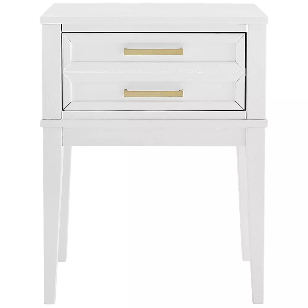 A white nightstand with 2 drawers and gold handles.