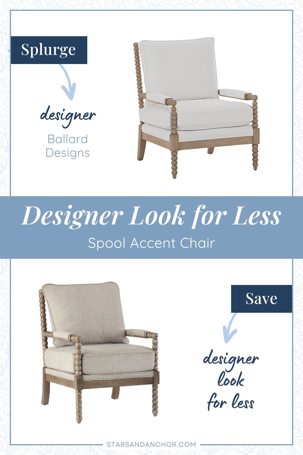This is a graphic called, "Designer Look for Less: Spool Accent Chair." It shows two brown spool chairs that look similar. The first item is labeled, Splurge: designer, Ballard Designs. The second item is labeled, Save: designer look for less.