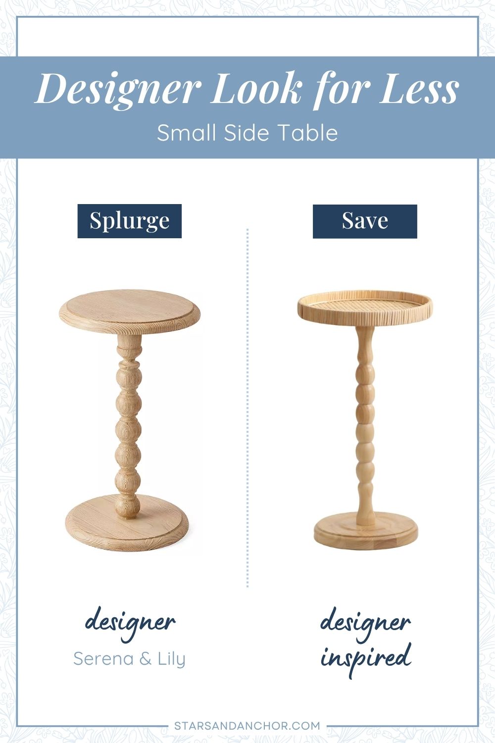 This is a graphic called, "Designer Look for Less: Small Side Table." It shows two round spool side tables that look similar. The first item is labeled, Splurge: designer, Serena & Lily. The second item is labeled, Save: designer inspired.