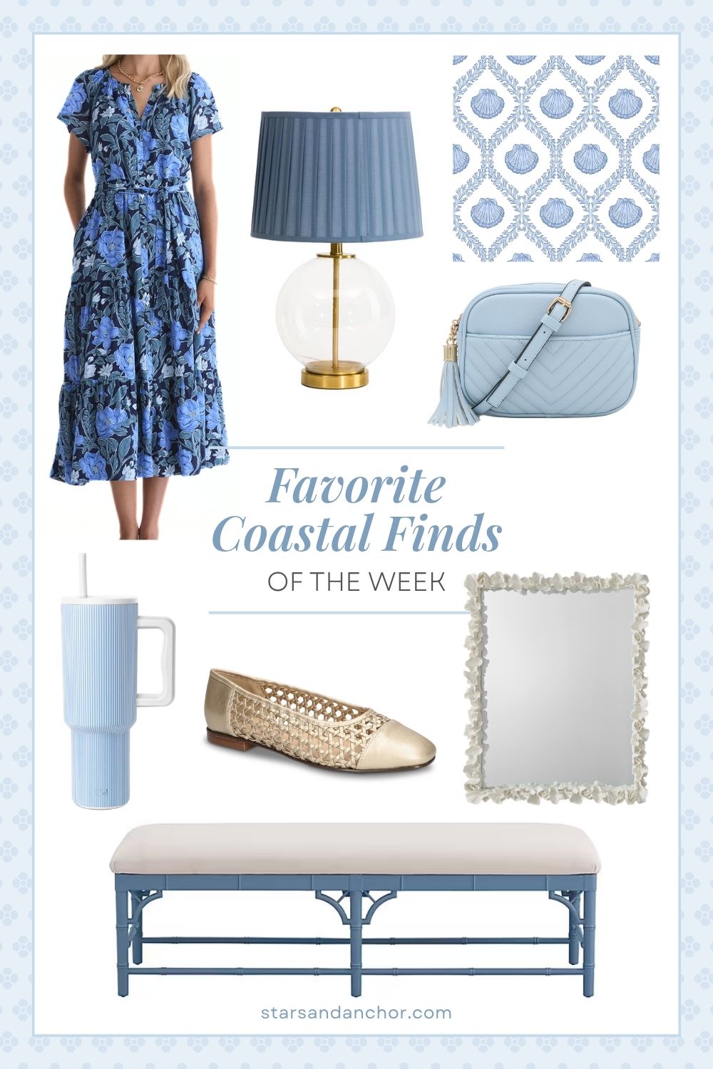 A collage named "favorite coastal finds of the week" featuring a blue floral maxi dress, a glass lamp with a pleated blue shade, blue and white seashell wallpaper, a light blue crossbody bag, a blue and white striped tumbler, champagne woven flats, a white coral wall mirror, and a cornflower blue bench.