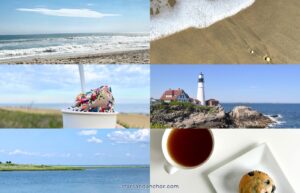 A collage showing beach, ice cream, lighthouse, water, and breakfast photos.