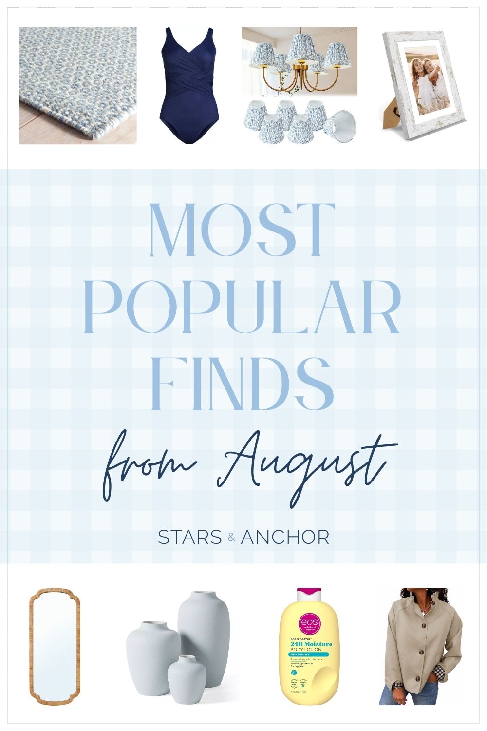 A collage named "Most Popular Finds from August" featuring a blue and white area rug, a navy one-piece swimsuit, a chandelier lamp shade set, a rustic picture frame, a rattan wall mirror, a light blue vase set, beach waves scented body lotion, and a ruffle-neck short trench coat.
