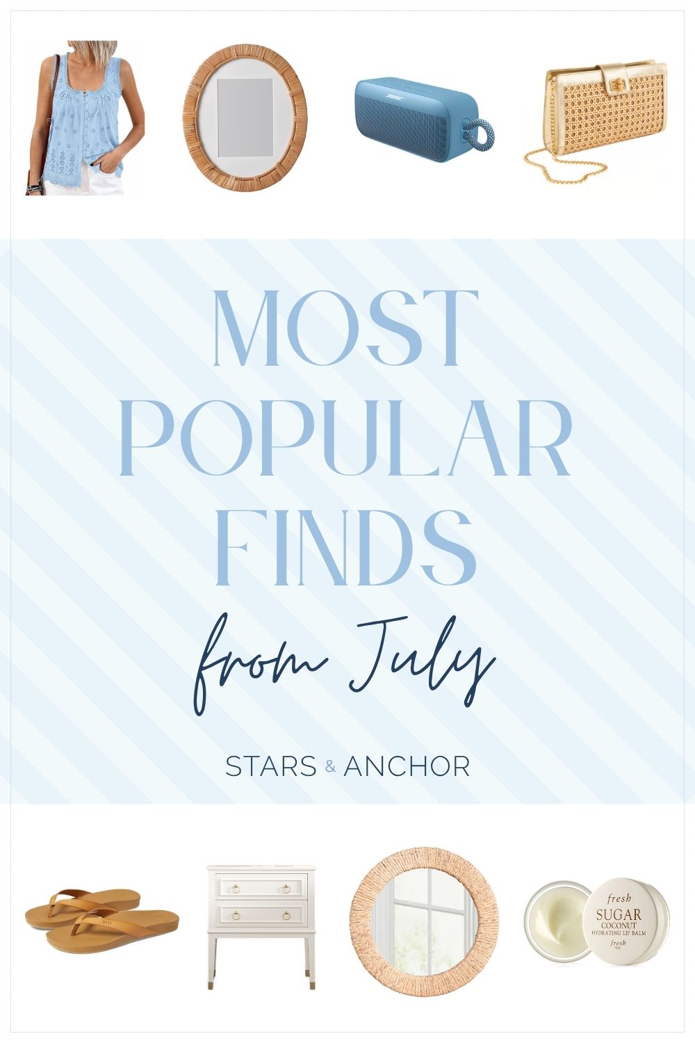 A collage named "Most Popular Finds from July" featuring an eyelet top, a rattan picture frame, a portable waterproof speaker, a clutch, flip flops, a white nightstand, a straw rope wall mirror, and coconut lip balm.