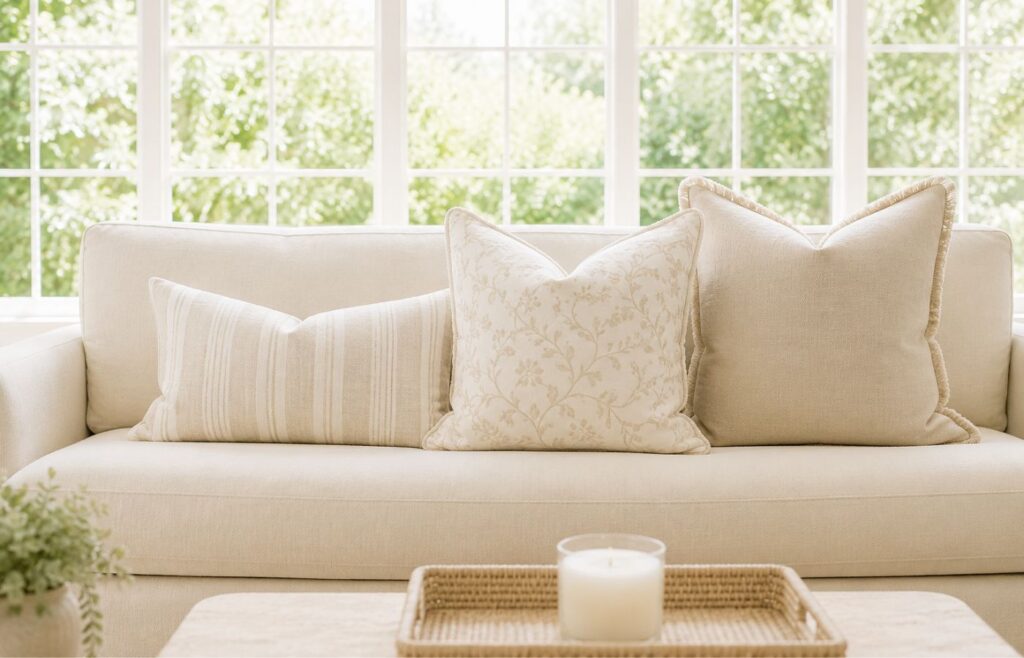 Three neutral throw pillows on a living room couch.