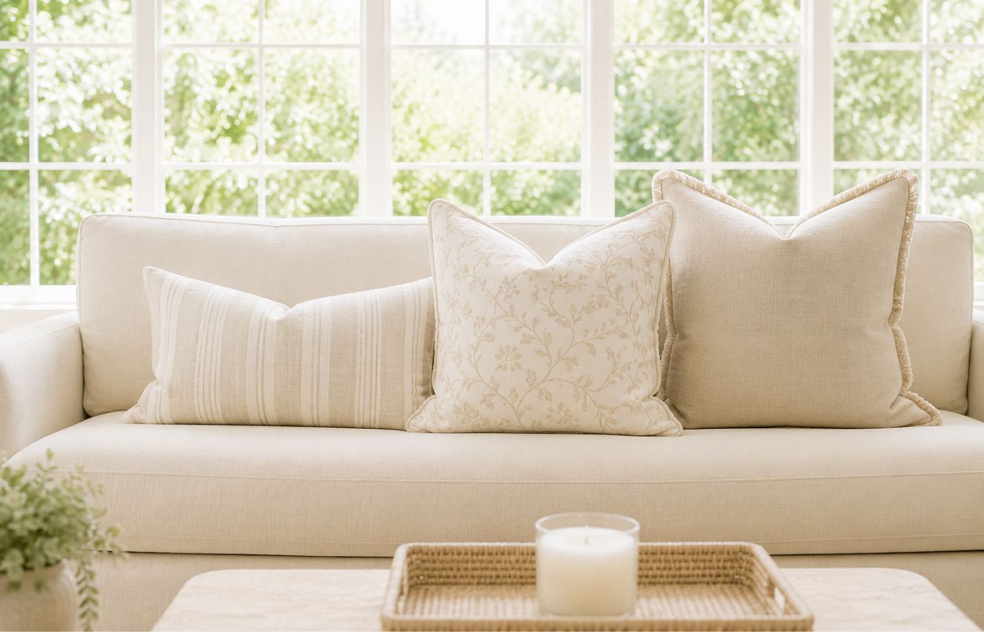 Three neutral throw pillows on a living room couch.