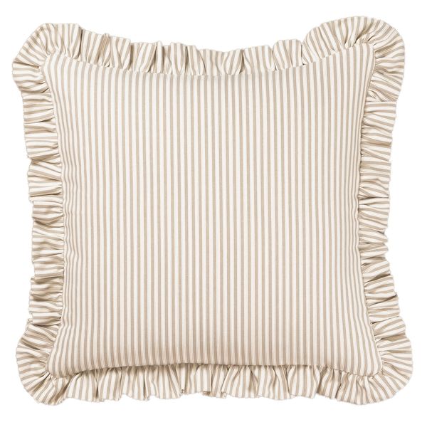 A tan striped pillow with a ruffle border.