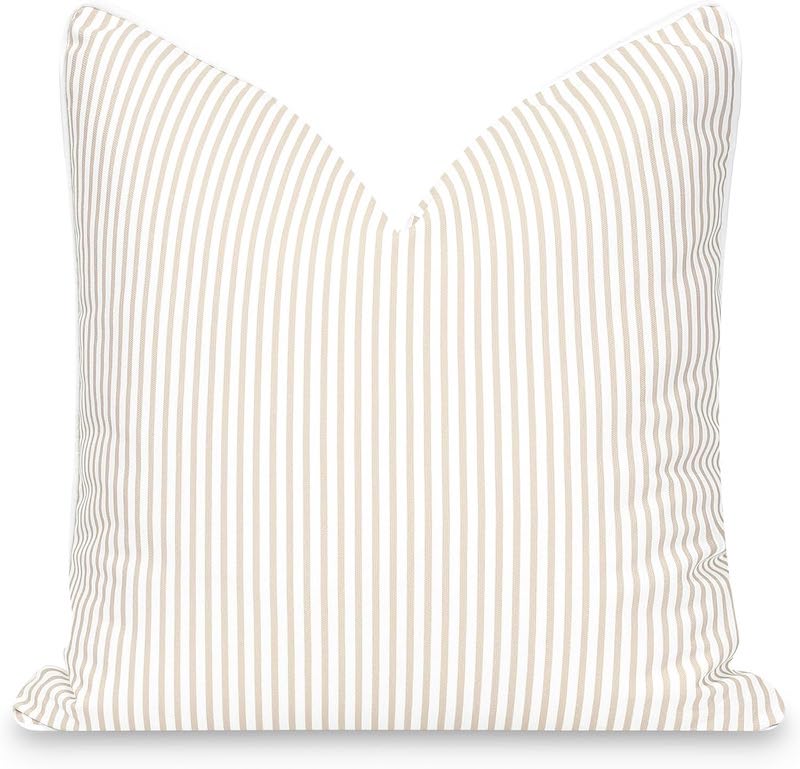 A white and tan striped throw pillow.